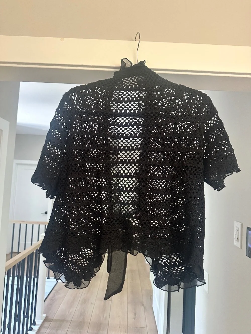 Black Short Sleeve Open Weave Sweater with Ribbon Tie - Picture 1 of 2